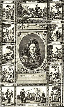 An early 19th century engraving depicting Perrault and his tales